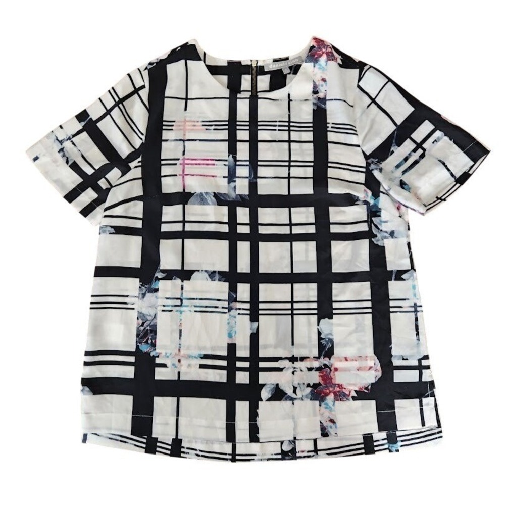 Daniel Rainn Black White Plaid Floral Print Short‎ Sleeve Zipper Back Top M  A44
